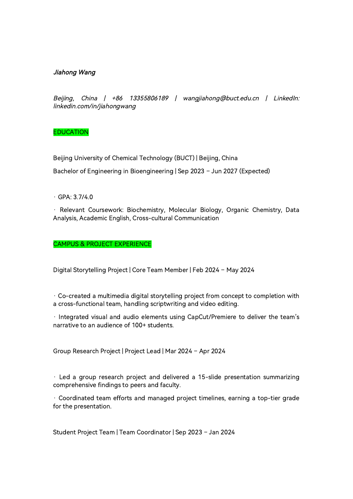 Preview of the first page of Jiahong Wang's resume